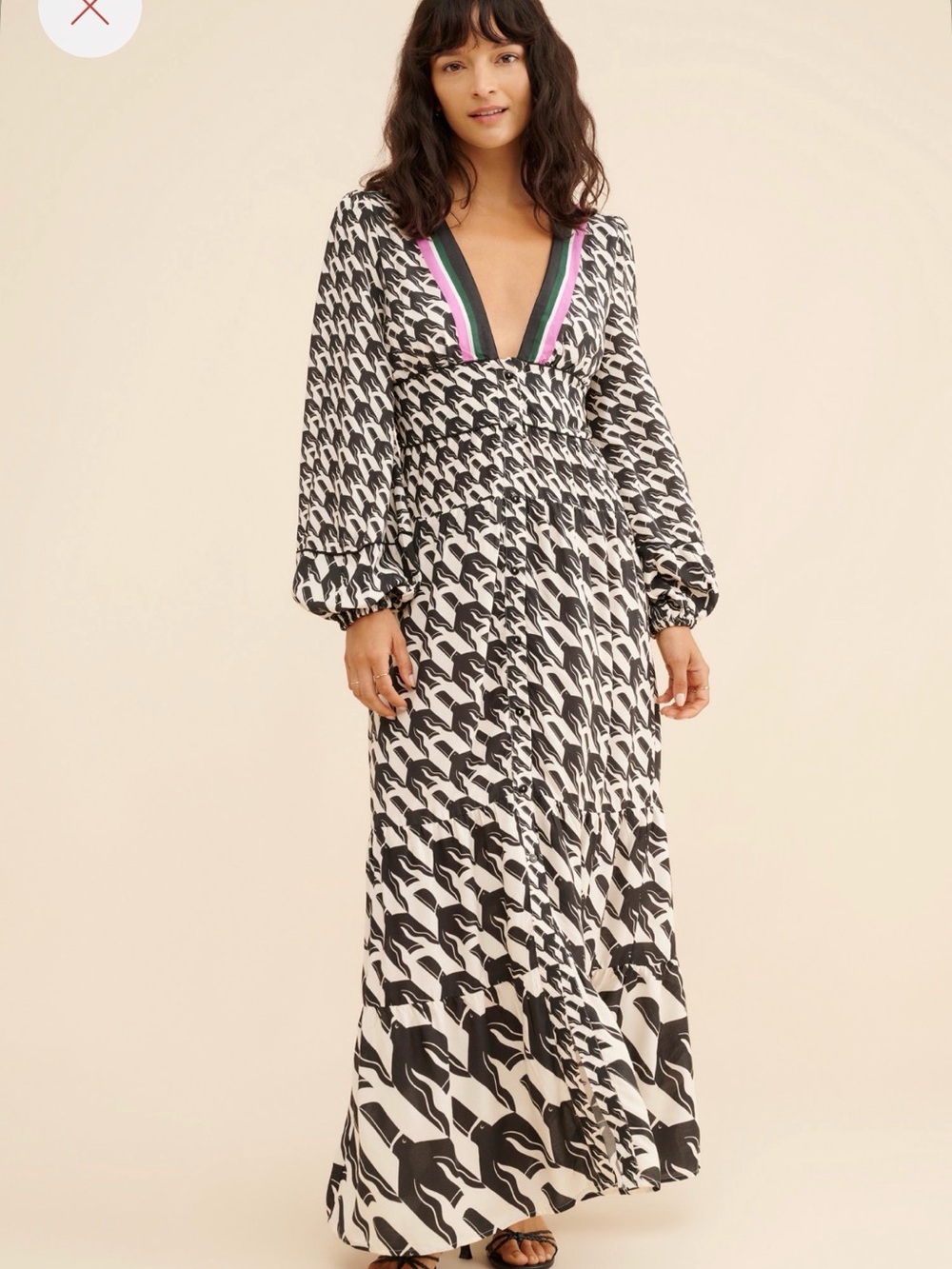 FARM Rio Black and White Graphic Maxi Dress w/Pink & Green Trim, Sz M, NWT